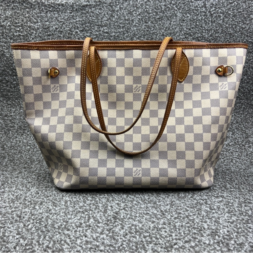 Louis Vuitton Neverfull MM Damier Azur White Shoulder Tote Bag